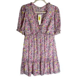 NWT Allison and Kelly Purple Pink Floral Mini Tier Dress Short Sleeve V- Neck L